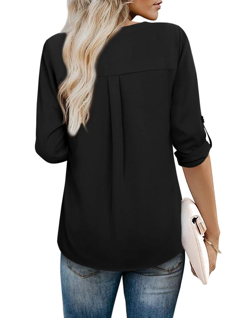 Youtalia Tunic Tops for Leggings for Women, 3/4 Sleeve Solid V Neck Casual Fitted Chiffon Blouse (XX-Large, Black) - Image 3